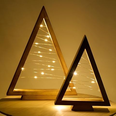 GENMOUS 2 Pcs Wooden Christmas Trees, Small Farmhouse Tabletop Christmas Decor with Light, Triangle Christmas Tree Shaped Decoration for Fireplace Mantel Shelf, Rustic Indoor Bedroom Holiday Decor Cover