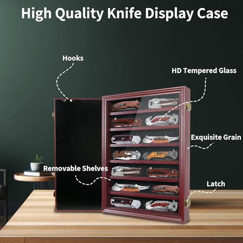 YRCKUDZKG Knife Display Case for Collections, Pocket Knife Display Case with HD Tempered Glass, Lockable Storage Cases with Removable Shelves, Wall-Mounted 7-Layer Wood Cabinet, Red by YRCKUDZKG - Image 2