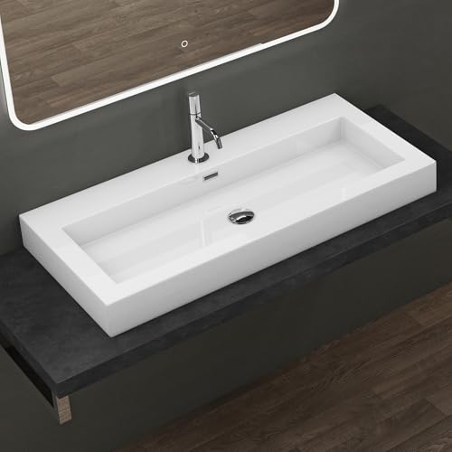 doporro Lavabo Suspendu Vasque à Poser Blanc 100cm Lave Mains Rectangulaire Colossum18 100x48x10cm