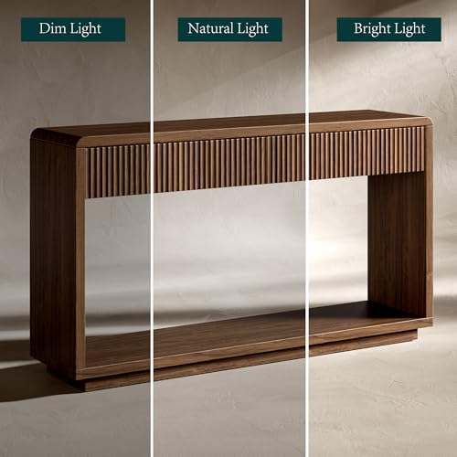 Image of Evermagin 59'' Walnut Entryway Table with Drawers, Fluted Console Table, Mid Century Modern Sofa Table with Storage for Living Room, Entrance, Hallway