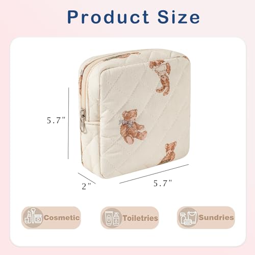 Small Quilted Cotton Makeup Bag for Purse, Cosmetic Bag with Compartments, Cotton Aesthetic Makeup Bag, Travel Toiletry Pouch, Key Pocket Lipstick Bag Card Holder Data Cable Organizer（01White Bear）2