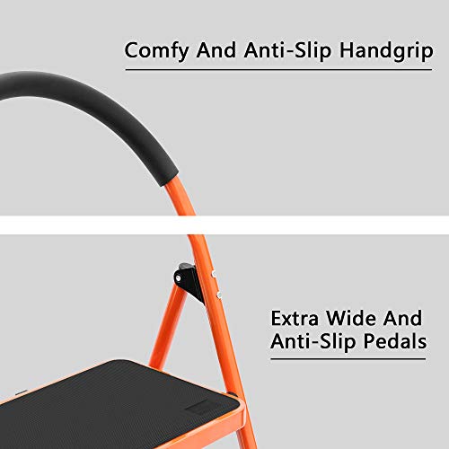 Luisladders 2 Step Ladder Anti-Slip Folding Stool Sturdy Steel Ladder 330lbs EN131 Lightweight with Handgrip Anti-Slip and Wide Pedal