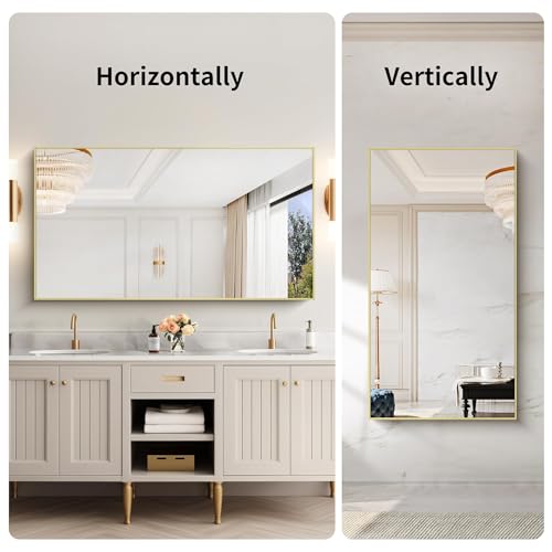 Image of COFENY 30x55In Gold Bathroom Mirror for Wall, Brushed Gold Rectangle Mirrors with Metal Frame, Bathroom Rectangular Mirror Modern Wall Mirror for Bedroom Living Room, Hangs Horizontal or Vertical