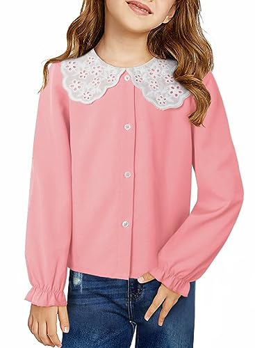 Image of DOKOTOO KIDS Girls Ruffle Long Sleeve Chiffon Blouses Cute Peter Pan Collar Shirts Tops 7-15 Years