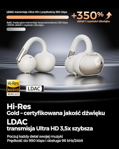 SOUNDPEATS Clip1 Bezprzewodowe Słuchawki z Klipsem Otwartym, Dźwięk Dolby Audio Hi-Res LDAC, Bluetooth 5.4, AI ENC Redukcja Szumów, IPX5, Szybkie Ładowanie i Aplikacja Beżowy