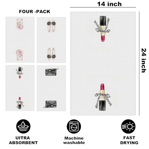 Image of 4 Pcs Fashion Hand Towels, Perfume Bow Lipstick Reusable Dish Towels | Fashion Gifts for Women Mom Girls Friend, Waffle Weave Microfiber Towels for Bathroom Home Decor 24x14 Inch