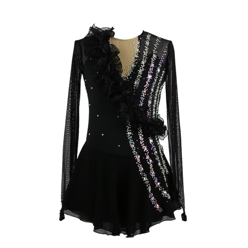 DIJITOO Vestido de patinação artística, temperamento com decote em V malha strass fantasia de compet