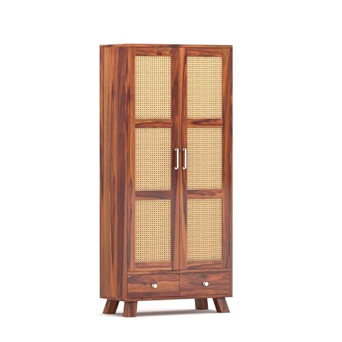 Image of Solid Wood 2 Door Wardrobe with Cane Design | Wooden Almirah with Storage Drawer | Modern Vintage Cupboard for Bedroom & Living Room (Honey Finish)