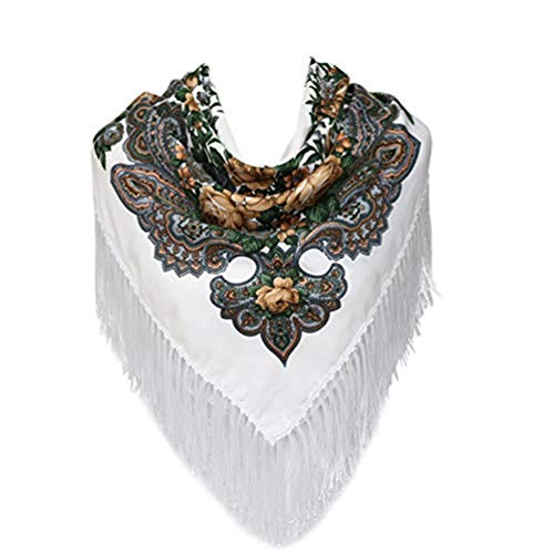 Kingree 100% Cotton Muffler, Warm Scarf with Tassel, Russian Style Large Bandana, Wrap Shawl Stole With Fringes (JF05-White)