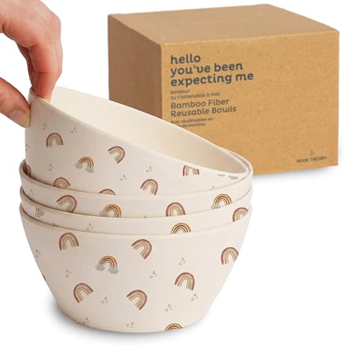 Nook Theory 4 Pack Bamboo Bowls - 22 Oz Reusable Bowl, Dishwasher Safe - Not Microwavable Bamboo Dishes (Rainbow)