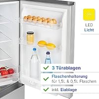Bomann® Kühlschrank mit Gefrierfach | Energieklasse D | 143cm | Kühl Gefrierkombination leise 39 dB | 3 Ablagen & 3 Schubladen | Türanschlag wechselbar | 175L Kühlgefrierkombi | KG 322.1 inox – Ansicht 3