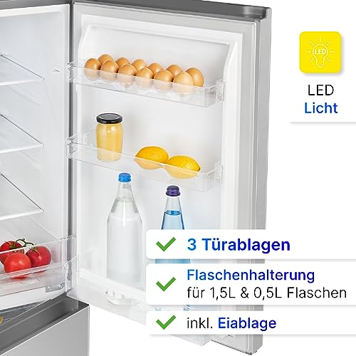 Foto von Bomann® Kühlschrank mit Gefrierfach | Energieklasse D | 143cm | Kühl Gefrierkombination leise 39 dB | 3 Ablagen & 3 Schubladen | Türanschlag wechselbar | 175L Kühlgefrierkombi | KG 322.1 inox