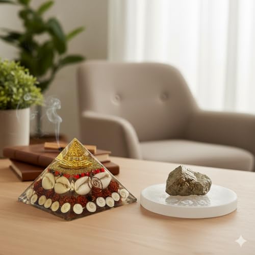 Image of inchOriginal Pyrite Stone with Natural Selenite Charging Plate and Shree Yantra Pyramid | Lab Certified Crystal Set for Wealth, Business Luck, Reiki Healing & Vastu Energy inch (SEL)