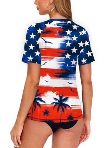 Image of AOBUTE Women Short Sleeve Rash Guard UPF 50+ Tropical Sun Protection Floral Swim Shirts