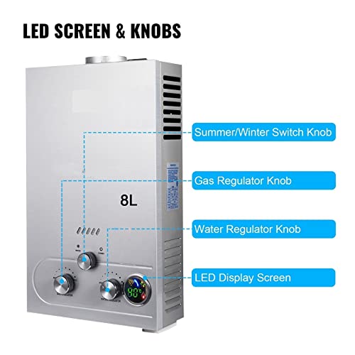 Calentador de agua propano 8L GLP instantáneo de 2 GPM para ducha y cocina debajo del fregadero 4