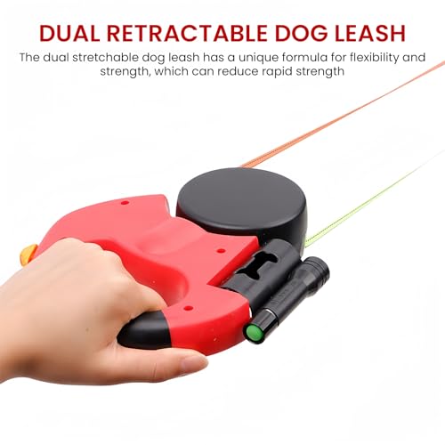 Doppelte Einziehbare Hundeleine, 3 M Hundeleine Doppelleine, Automatische Hund Versenkbar Leine, Rollleine Hundeleine mit LED Licht, Doppelköpfe Hundeleine für Katzen Kleine Hunde (Rot)