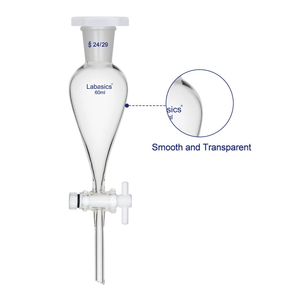 Labasics Entonnoir Conique de Séparation en Verre Borosilicate Paroi Épaisse avec Joints 24/29 et Robinet PTFE, 60 ml