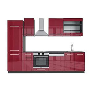 Vicco Complete keukeneenheid “Fame-Line”, Bordeaux hoogglans/antraciet, 300 cm zonder werkblad