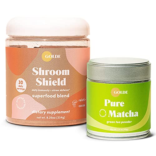 Golde Pure Matcha - 100% Pure Japanese Ceremonial Grade Matcha Green Tea Powder | Golde Shroom Shield - Superfood With Turkey Tail Mushroom, Reishi Mushroom Extract, Cacao, And Coconut Milk Powder #TOP12