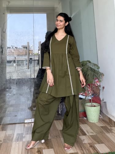 Image of Women's Cotton Farshi Salwar Suit Set | 3 /4 Sleeves, Plain Kurti