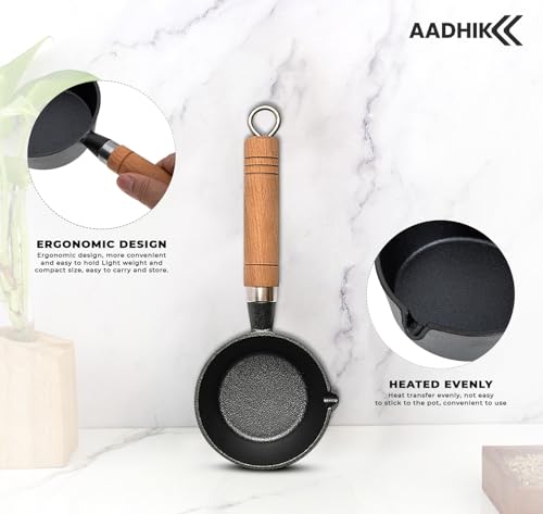 Image of AADHIK Cast Iron Tadka Pan Vaghar Chounk Pan | Small Frying Tempering Kadai | Kitchen Accessories | 100 ml Pre Seasoned Iron Pan | Gas Stove Compatible for Dal Spices & Quick Fry