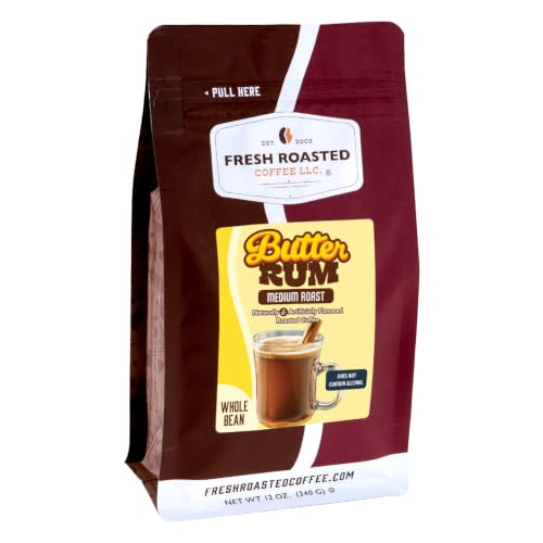 Fresh Roasted Coffee, Butter Rum Flavored Whole Bean Coffee, Medium Roast, Kosher, 12 oz