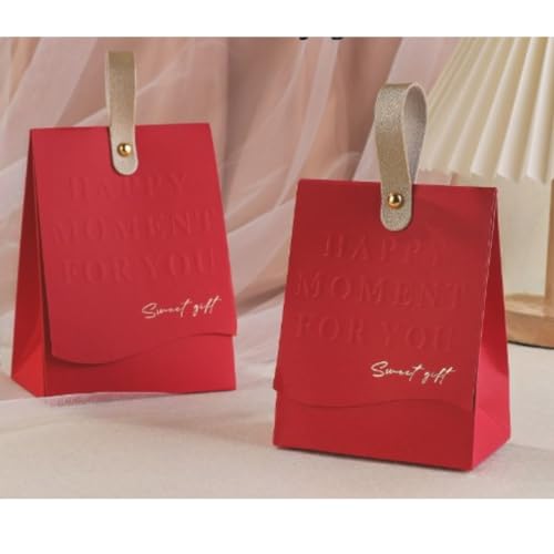 Image of SATYAM KRAFT 10 Pcs Elegant Candy Folding Paper Gift Box with Handle | Decorative Favor Box for Wedding Return Gifts, Engagement, Festivals, Birthday, Chocolates & Dry Fruits (Red)