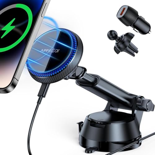 APPS2Car 15W Magnetic Wireless Car Charger, Dashboard/Windshield/Vent Car Phone Mount for iPhone 16/15/14/13/12 Series, Compatible with MagSafe and Cases
