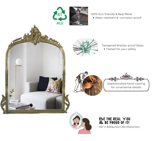 Image of Gharaana Victorian Arched Wall Mirror for Bedroom and Living Room | Decorative Mirror for Wall Decoration | Vintage Brass (35x24)