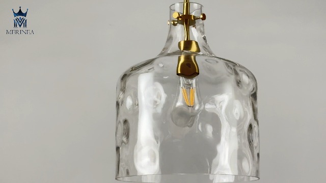Image of 12 inch Gold Farmhouse Pendant Light, Hammered Glass, E26 Hanging Light