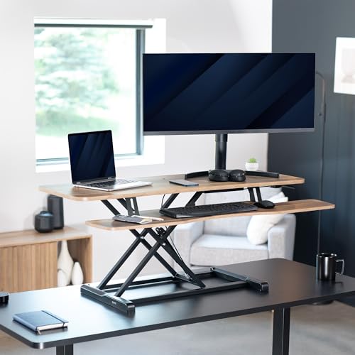 Image of VIVO 42 inch Desk Converter, K Series, Height Adjustable Sit to Stand Riser, Dual Monitor and Laptop Workstation with Wide Keyboard Tray, Reclaimed Wood Top, Black Frame, DESK-V042KP