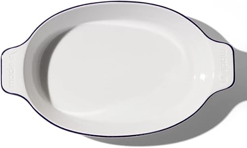 Made In Utensilios de cocina - Plato ovalado para hornear - Borde azul marino - Porcelana hecha a mano - Utensilios para hornear profesionales -