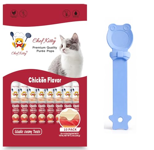 Purée Pops + Blue Feeding Spoon, Grain-Free, Lickable, Squeezable Creamy Cat Treat/Topper, 10 Tubes, Chicken Flavor