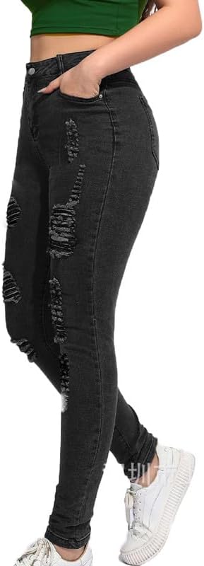 Miniatura 2 de Andongnywell - Pantalones de mezclilla ajustados para mujer, talla grande, elásticos, desgastados, rasgados, cintura alta, con agujeros destruidos