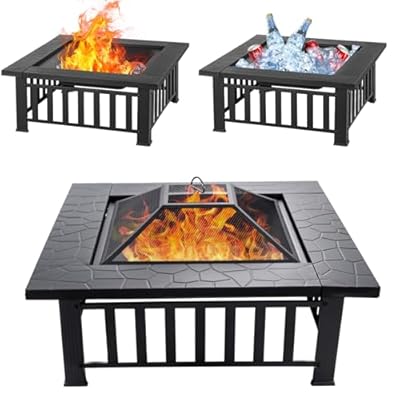 EcoNook 32 inch Fire Pit, Square Outdoor Fire Pit Table with Spark Screen & Fire Poker, 3-in-1 Multipurpose Firepits for Outside, Fireplace for Yard, Garden, Patio