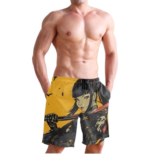 Men Swim Trunks-Woman Samurai, Beach Shorts with Inner Lining Quick Dry Board Shorts S3