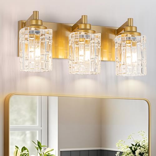 Image of Brushed Gold 3-Light Bathroom Vanity Light with Glass Shade | Luxury Brushed Gold Finish & Sparkling Crystal Glass. Hardwired, Fits E26 Bulbs (Max 60W). Easy to install