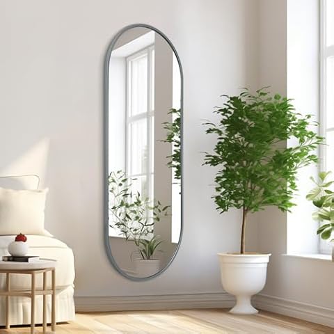 HLFMVWE Bathroom Wall Mirror Full Length Metal Aluminum Framed Floor Mirror 48"x16" Oval Large Full Body Mirror for Bedroom Living Room Entryway Dressing Room Gray Cover