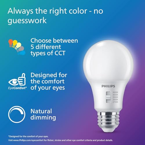 Image of PHILIPS LED A19 Light Bulbs, 8W, Selectable White, Dimmable, 12-Pack | 800 Lumen Multi-CCT 2700 K-5000 K, Frosted Flicker-Free, EyeComfort, Up to 15000 Hour Lifespan
