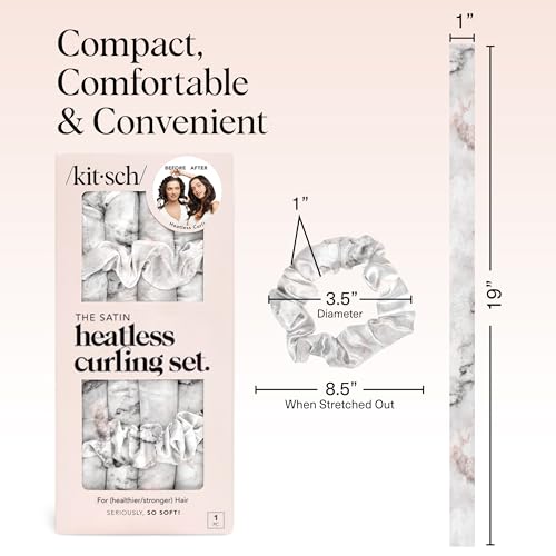 Kitsch Satin Heatless Curling Set – Heatless Curls Overnight with 34" Hair Curler & 2 Satin Scrunchies – Comfortable Hair Curlers to Sleep In for Frizz-Free, No Heat Damage Styling - Marble