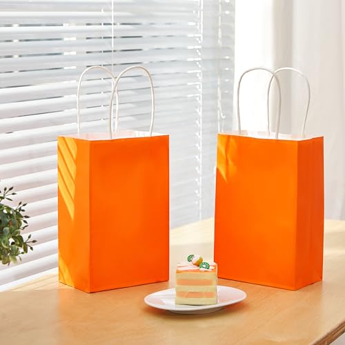 Image of SUNCOLOR 24-Pack Orange Gift Bags with Handles - 8 inch Goodie Bags for Party Favor Bags, Halloween, Birthdays & Holiday Events (Orange)