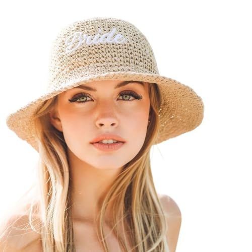 Zhamate Bride Straw Bucket Hat Beach Bachelorette Accessory Bridal Headwear Bach Party Decorations Bridesmaid Gift Wedding Cap Brown 22.8 in
