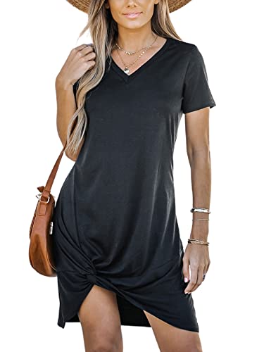 Cupshe Women Short Sleeve Casual Shirts Dress Summer V-Neck Twisted Mini Knit Dresses Black #TOP9