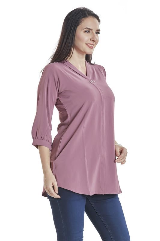 Image of nioni Women's Purple Poly Linen Blend Tunic Top with 3 /4 Sleeves, Printed Yoke, Kantha Stitch Detailing & Mandarin Collar