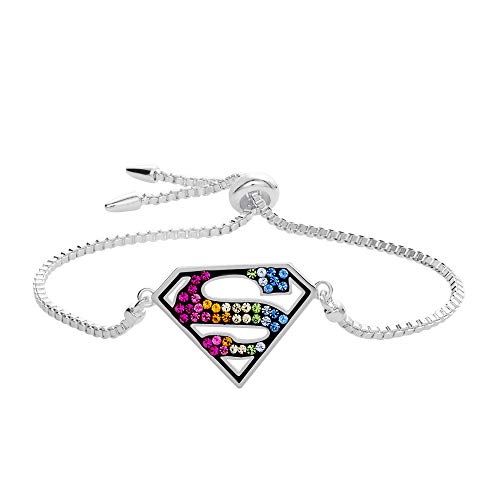 DC Comics Supergirl Jewelry, Silver Plated Rainbow Crystal Logo Lariat Bracelet