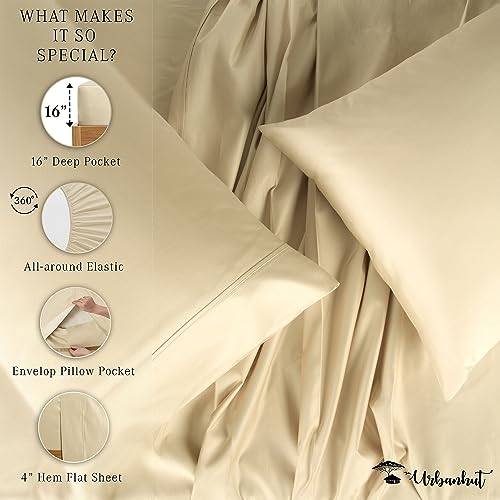 URBANHUT 800 Thread Count Egyptian Cotton Sheets Set King Size, Long Staple, Soft & Breathable, 4 Pc Bed Sheet Sets for King Size Bed, Luxury Hotel Sateen Sheets Fits 16" Deep Pocket - Sand