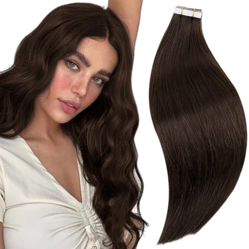 RUNATURE 26 Inch Tape in Hair Extensions Human Hair Dark Brown Tape Hair Extensions Real Human Hair Invisible Tapes Remy Straight Darkest Brown Hair 20pcs 50g #