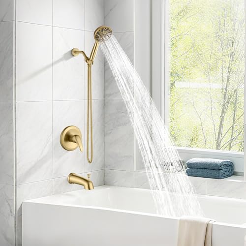 Image of gotonovo Bathroom Shower Head Kit High Pressure Combo System Shower Faucet 6 Modes ABS Handheld Spray Shower Trim Kit Valve Included Shower Head and Handle Set Brushed Gold