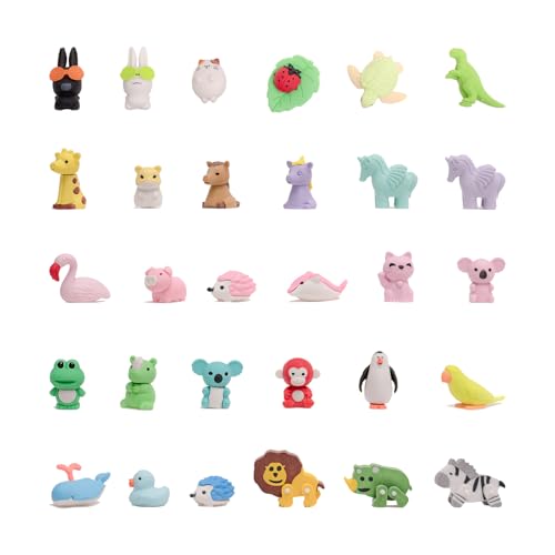 CLOCK KING 30Pcs 3D Animal Erasers for Kids All are Animal Styles Random Desktop Pets Toys Gifts Mini Puzzle Classroom Rewards Kids Party Favors Back to School Supplies