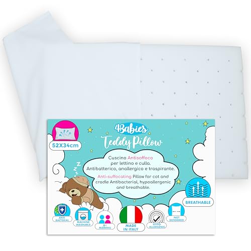 4BABIES - Cuscino Lettino Bambino Antisoffoco ideale per Culla e Lettino, Sfoderabile con Federa 100% Cotone - MADE IN ITALY -Certificato OEKO-TEX®